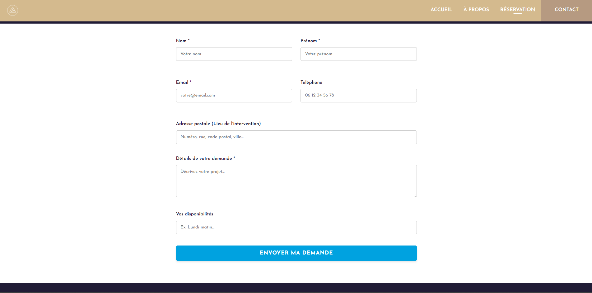 Capture d'écran du formulaire de réservation côté site