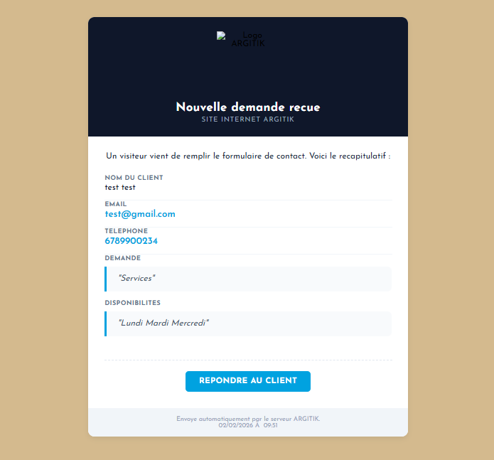 Capture d'écran de l'email automatique généré par PHPMailer via le formulaire
